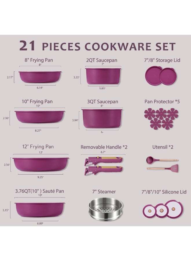 Carote 21-Piece Ceramic Cookware Set with Detachable Handle, Stackable Pots & Pans with Lids, PFAS-Free Nonstick Healthy Cooking Set, All Kitchen Stovetop Compatible, Dishwasher Safe (Purple) - Image 2